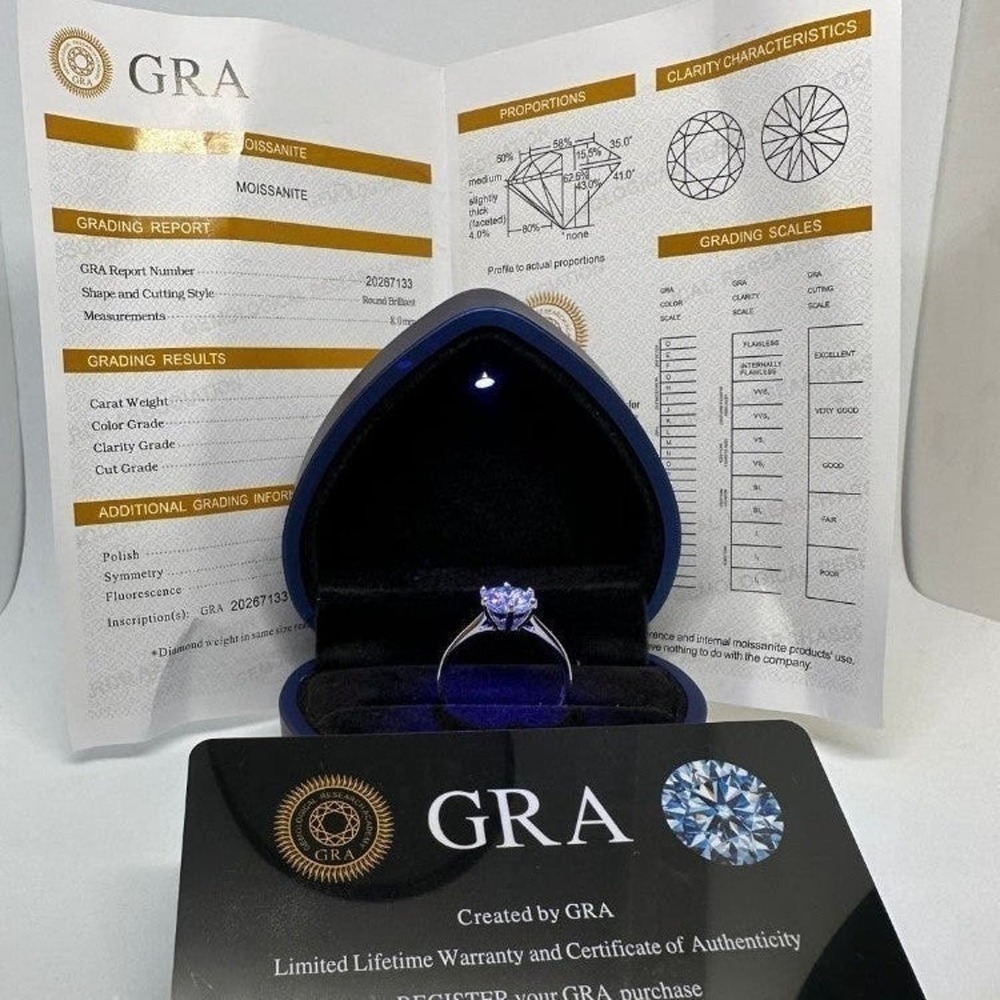 GRA Moissanite Diamond Engagement Ring 6 Prong Wedding S925 2 Ct Size 9 - Picture 7 of 12
